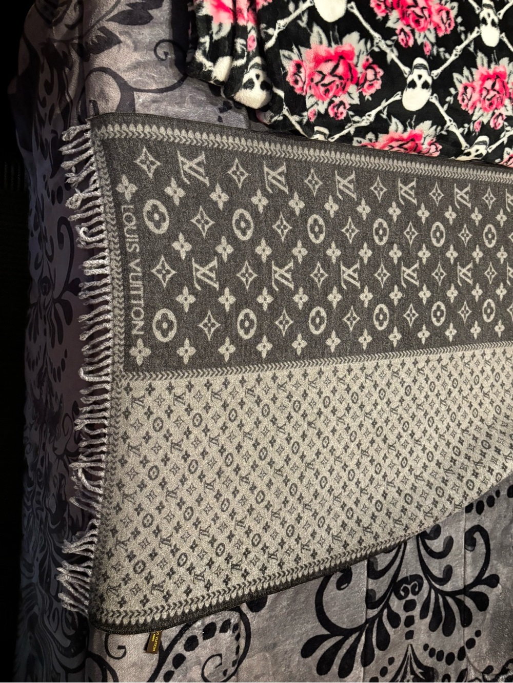 Louis Vuitton Gray Two-Tone Monogram Fringed Shawl